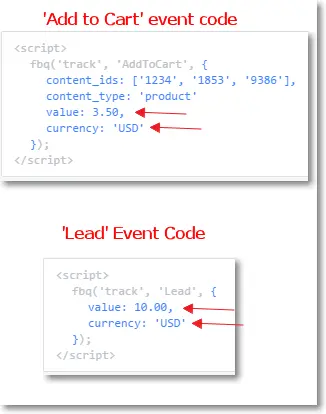 Sample Facebook Pixel Event codes