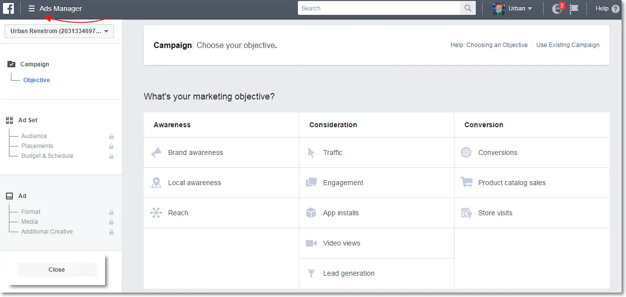 Facebook Ads Manager Home page
